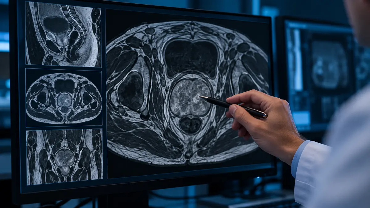 Medic analizând o investigație RMN pentru evaluarea prostatei