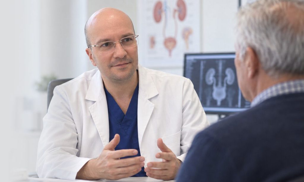 Prof. Univ. Dr. Bogdan Geavlete discutând cu un pacient