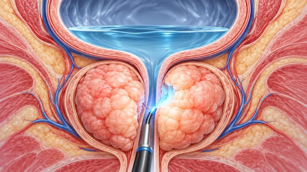 Ilustrație medicală a tratamentului endoscopic pentru hiperplazia benignă a prostatei