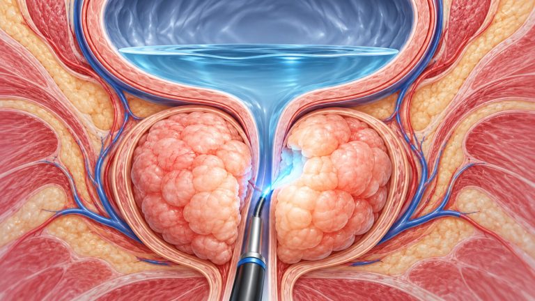 Ilustrație medicală a tratamentului endoscopic pentru hiperplazia benignă a prostatei