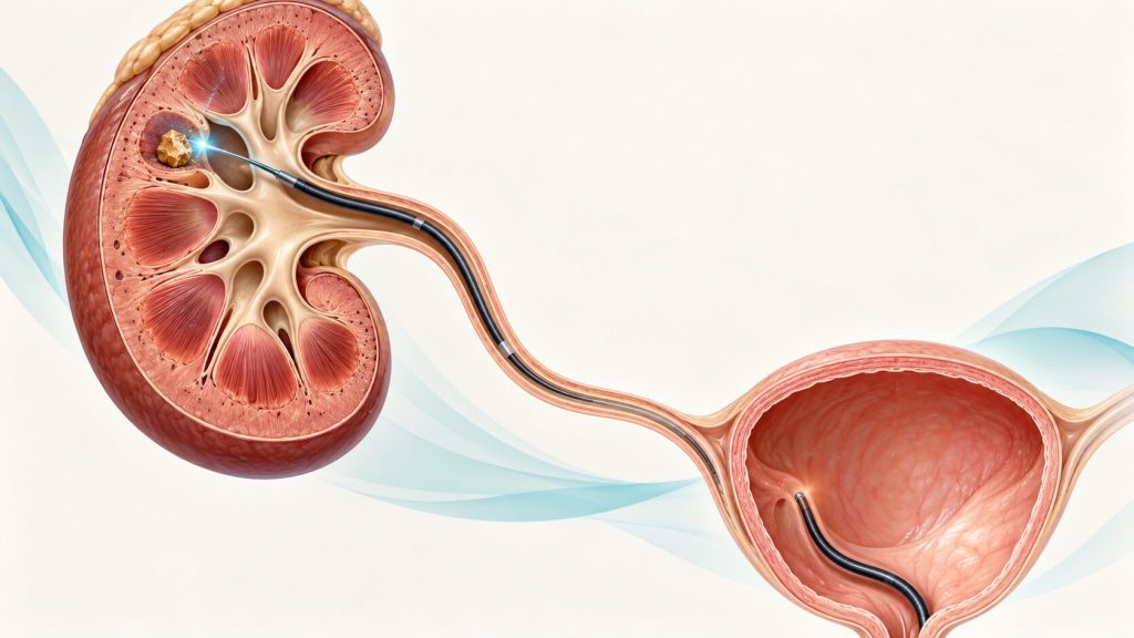 Ilustrație a ureteroscopiei flexibile cu litotriție laser pentru un calcul renal